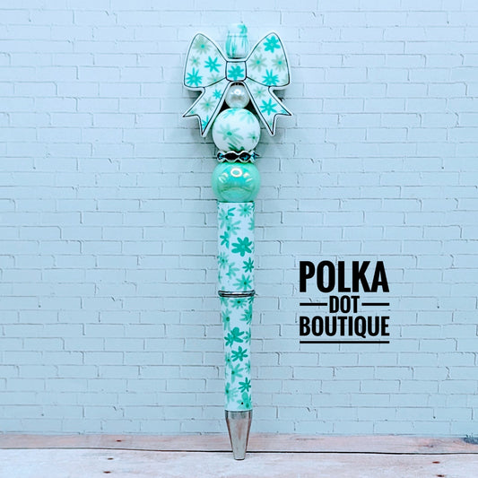 Bow : Teal Flower Bow Silicone Beaded Pen