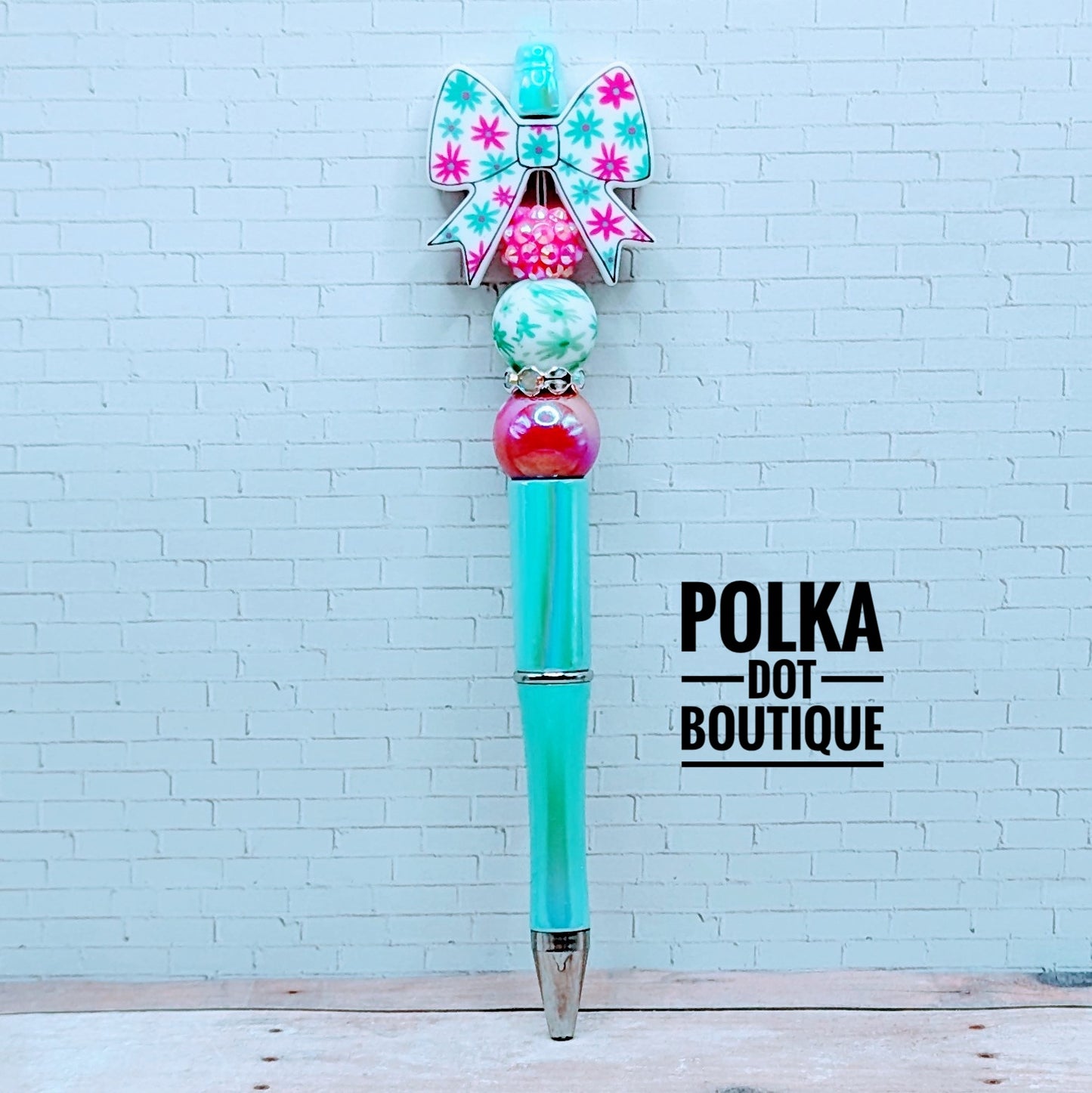 Bow : Teal and Pink Flower Bow Silicone Beaded Pen