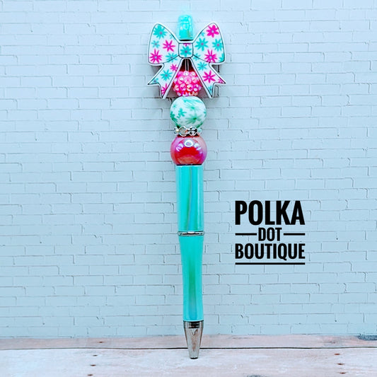 Bow : Teal and Pink Flower Bow Silicone Beaded Pen