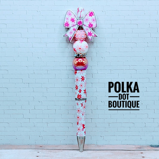 Bow : Pink Flower Bow Silicone Beaded Pen