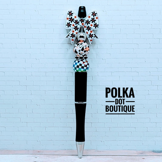 Bow : Brown and Black Flower Bow Silicone Beaded Pen