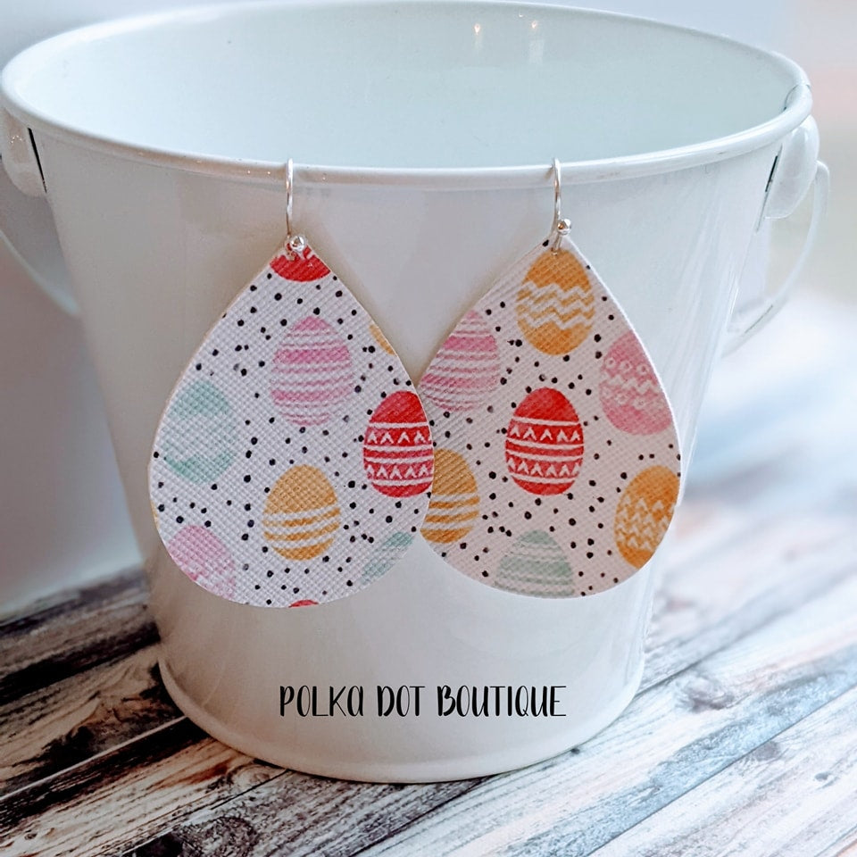 EGGS FAUX LEATHER TEARDROP EARRINGS ( STANDARD : 2 INCHES )