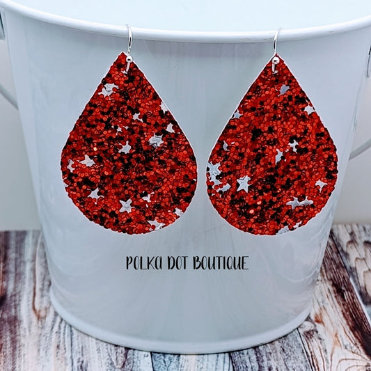 RED CHUNKY GLITTER WITH SILVER HEARTS FAUX LEATHER TEARDROP EARRINGS ( STANDARD : 2 INCHES )