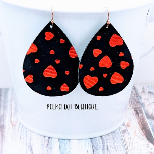 BLACK WITH RED HEARTS FAUX LEATHER TEARDROP EARRINGS ( STANDARD : 2 INCHES )