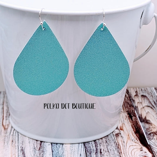 TEAL SHIMMER FAUX LEATHER TEARDROP EARRINGS ( STANDARD : 2 INCHES )