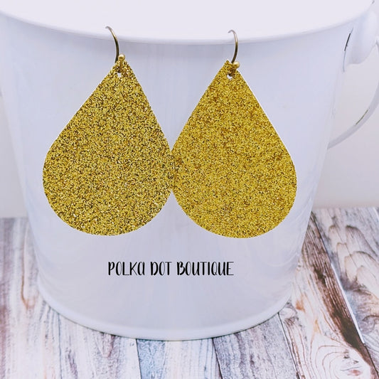 GOLD GLITTER FAUX LEATHER TEARDROP EARRINGS ( STANDARD : 2 INCHES )