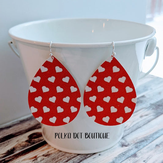 RED WITH WHITE HEARTS FAUX LEATHER TEARDROP EARRINGS ( STANDARD : 2 INCHES )