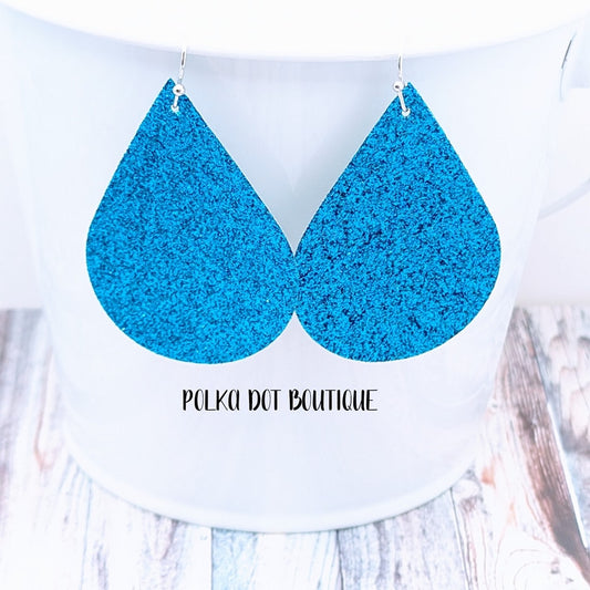 BLUE GLITTER FAUX LEATHER TEARDROP EARRINGS ( STANDARD : 2 INCHES )