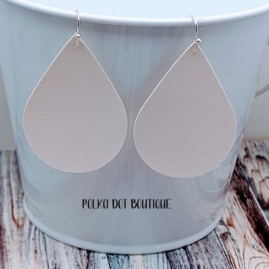 WHITE FAUX LEATHER TEARDROP EARRINGS ( STANDARD : 2 INCHES )