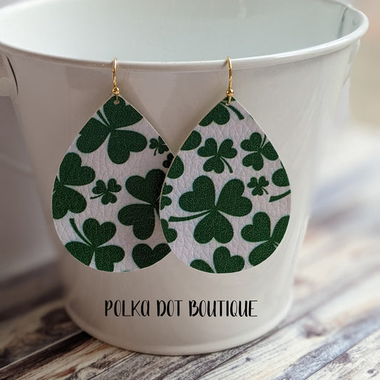 WHITE WITH GREEN CLOVERS FAUX LEATHER TEARDROP EARRINGS ( STANDARD : 2 INCHES )