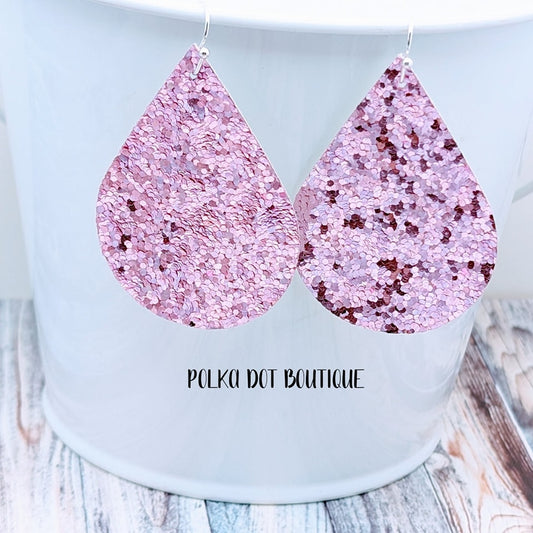 PINK GLITTER FAUX LEATHER TEARDROP EARRINGS ( STANDARD : 2 INCHES )