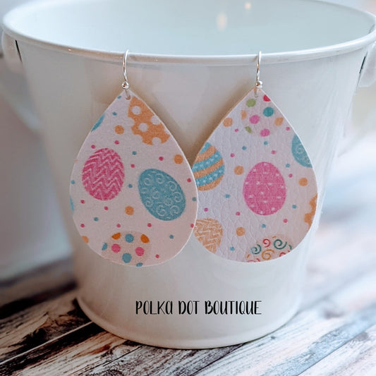 PASTEL EGGS FAUX LEATHER TEARDROP EARRINGS ( STANDARD : 2 INCHES )