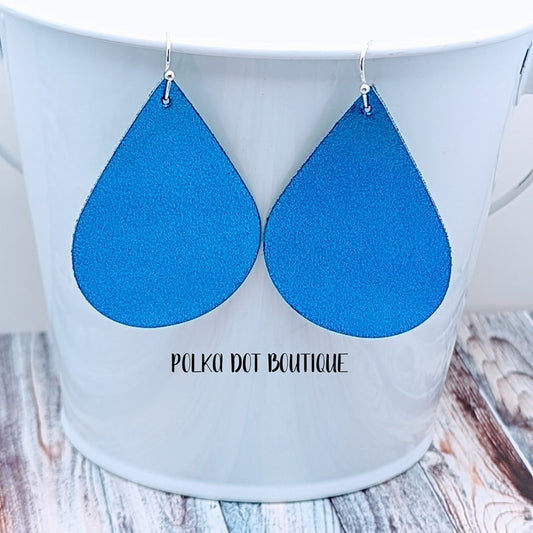 BLUE SHIMMER FAUX LEATHER TEARDROP EARRINGS ( STANDARD : 2 INCHES )