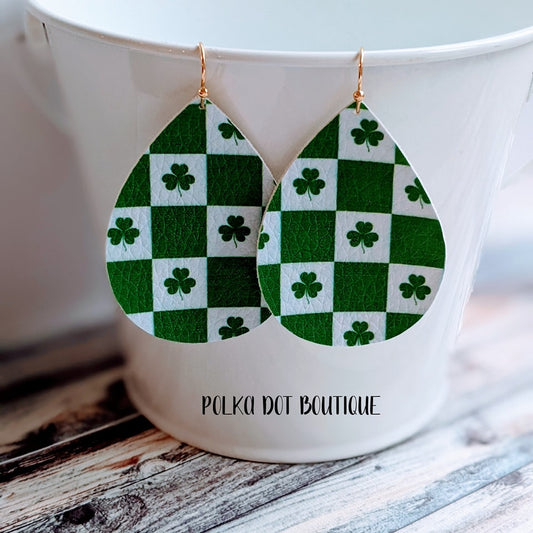 WHITE WITH GREEN CLOVER FAUX LEATHER TEARDROP EARRINGS ( STANDARD : 2 INCHES )