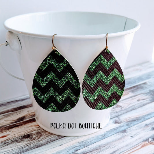 BLACK/GREEN CHEVRON FAUX LEATHER TEARDROP EARRINGS ( STANDARD : 2 INCHES )