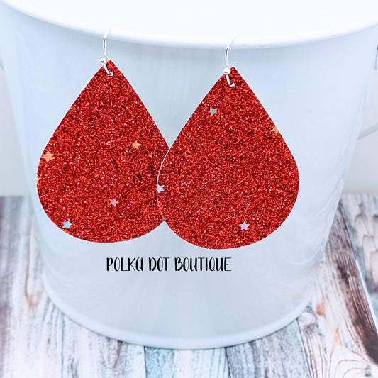 RED GLITTER WITH SILVER STARS FAUX LEATHER TEARDROP EARRINGS ( STANDARD : 2 INCHES )