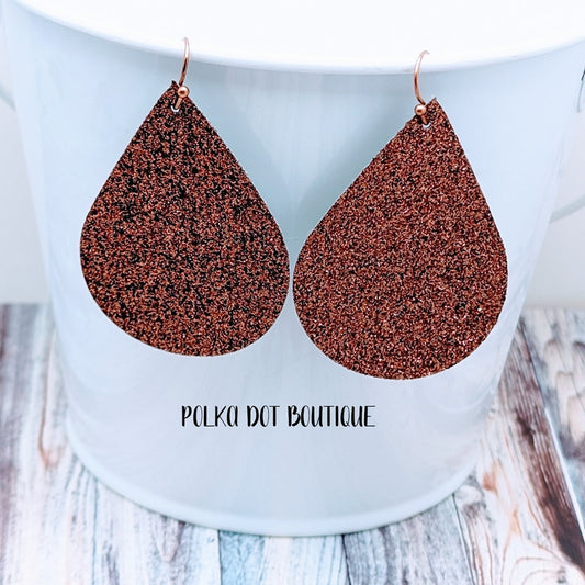 BROWN GLITTER FAUX LEATHER TEARDROP EARRINGS ( STANDARD : 2 INCHES )
