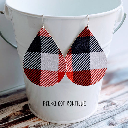 RED, WHITE & BLUE PLAID FAUX LEATHER TEARDROP EARRINGS ( STANDARD : 2 INCHES )