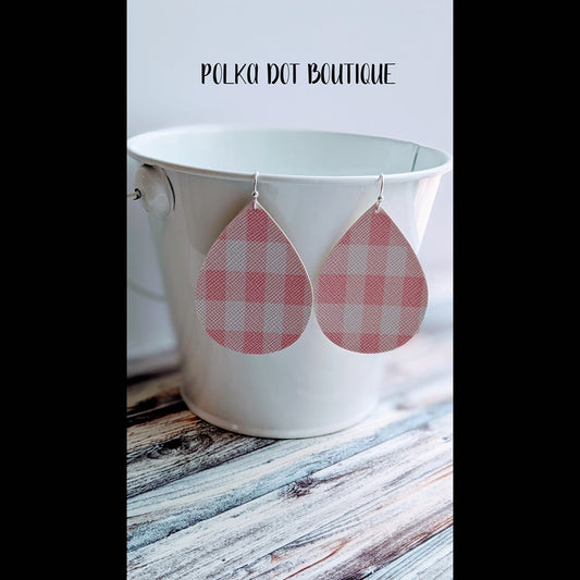 PINK/WHITE GINGHAM FAUX LEATHER TEARDROP EARRINGS ( STANDARD : 2 INCHES )