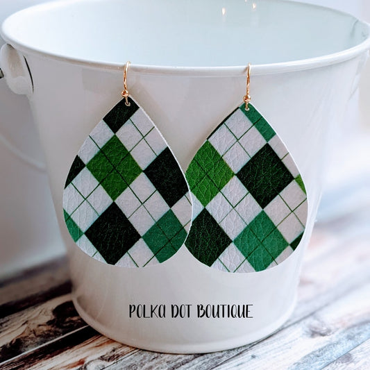 GREEN PLAID FAUX LEATHER TEARDROP EARRINGS ( STANDARD : 2 INCHES )