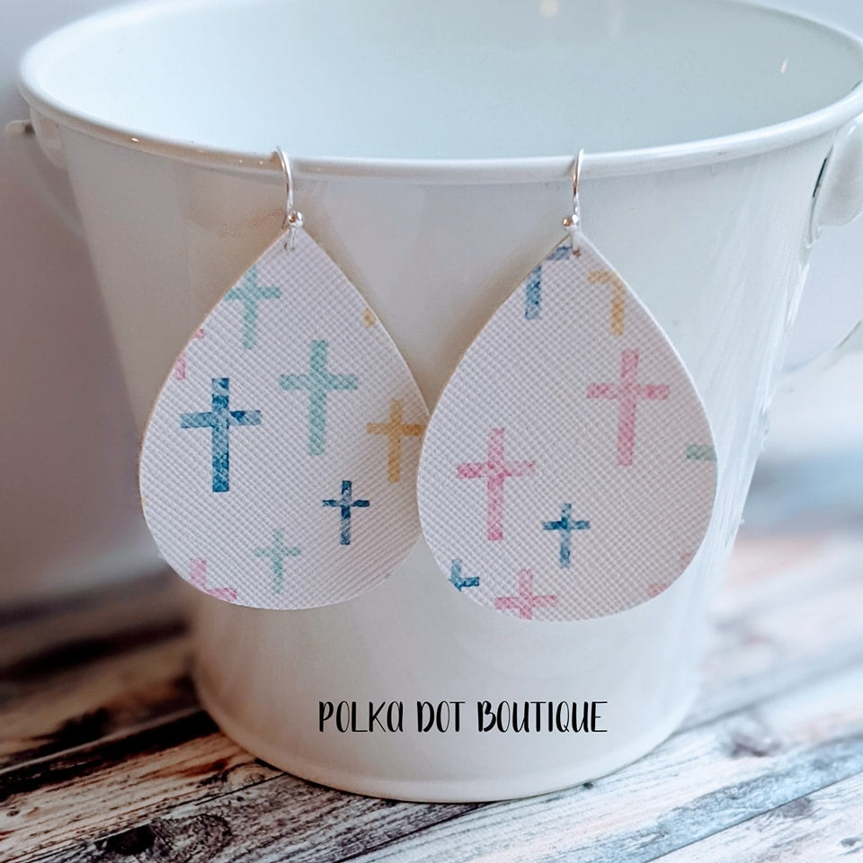 CROSSES FAUX LEATHER TEARDROP EARRINGS ( STANDARD : 2 INCHES )