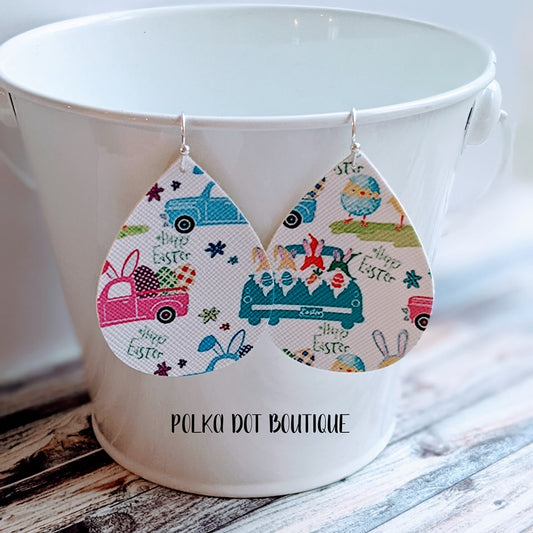EASTER GNOMES FAUX LEATHER TEARDROP EARRINGS ( STANDARD : 2 INCHES )