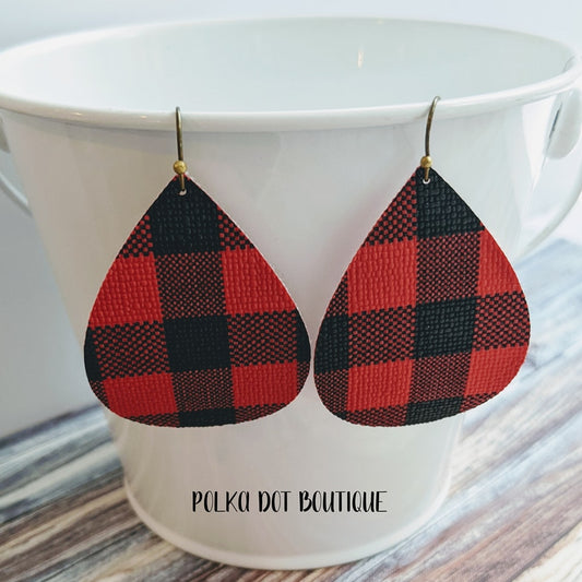PLAID FAUX LEATHER TEARDROP EARRINGS ( STANDARD : 2 INCHES )