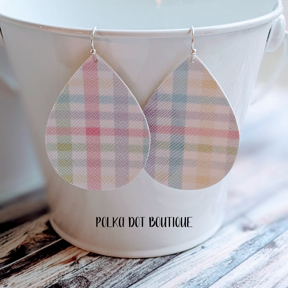 PASTEL GINGHAM FAUX LEATHER TEARDROP EARRINGS ( STANDARD : 2 INCHES )