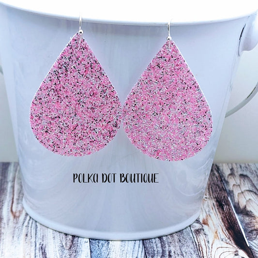 PINK GLITTER FAUX LEATHER TEARDROP EARRINGS ( STANDARD : 2 INCHES )