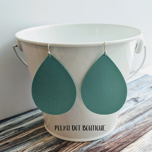 TEAL FAUX LEATHER TEARDROP EARRINGS ( STANDARD : 2 INCHES )