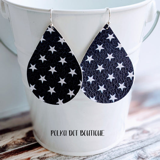 NAVY BLUE WITH WHITE STARS FAUX LEATHER TEARDROP EARRINGS ( STANDARD : 2 INCHES )