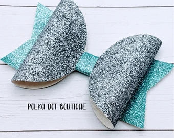 Silver/Teal Glitter Faux Leather Bow