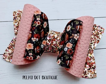 Floral Football Glitter Faux Leather Bow