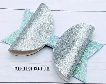 Silver/Teal Glitter Faux Leather Bow